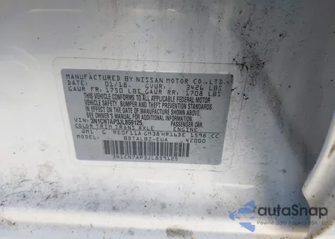 2018 Nissan Versa 1.6 Sv z USA, uszkodzony, nr VIN 3N1CN7AP3JL859125